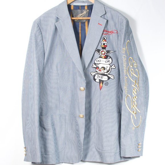 Ed Hardy by Christian Audigier L Men's Sport Coat Blue Stripe Embroidered Cotton - Picture 2 of 8